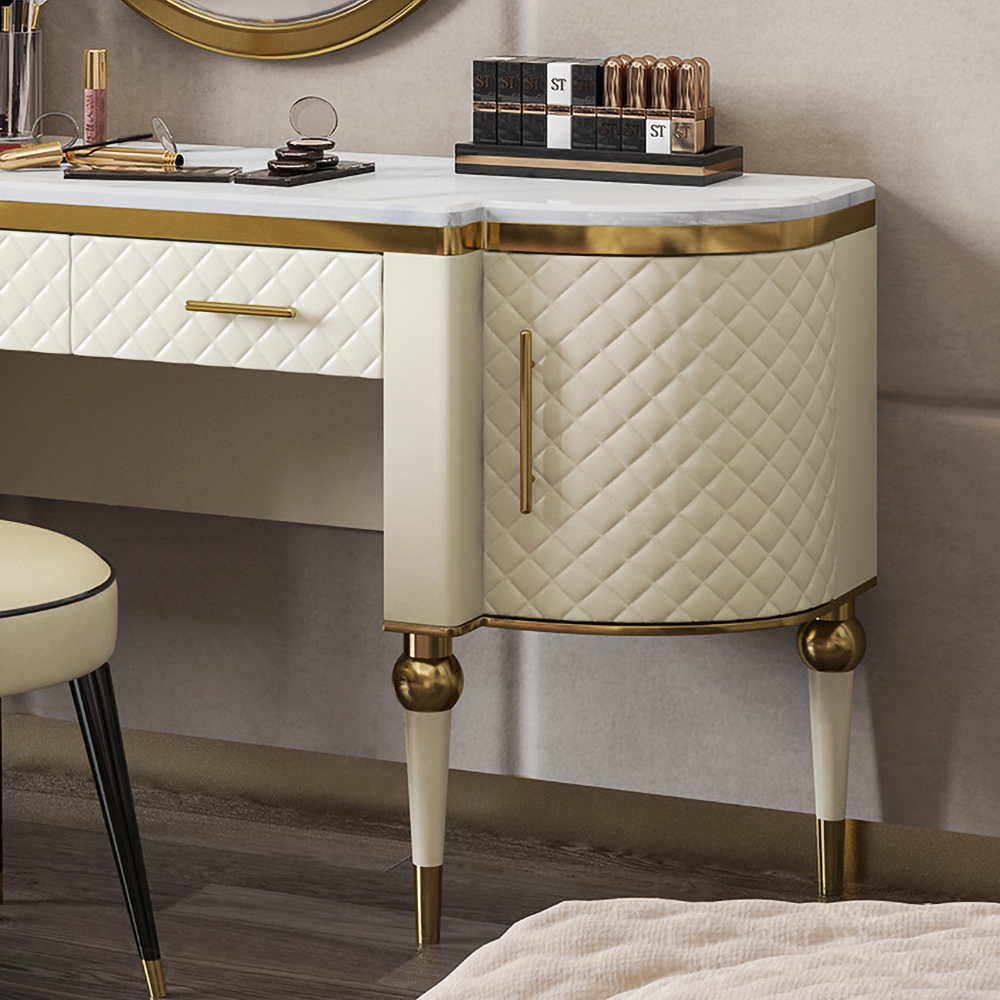 Postmodernism White Makeup Vanity Faux Marble Top Upholstered Dressing Table with Storage Stool Included window image