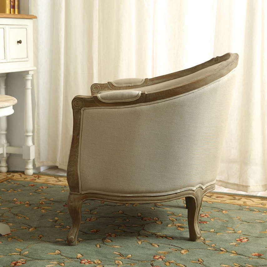 French Rustic Barrel Chair Linen Upholstered Oak Accent Chair Beige and Natural window image