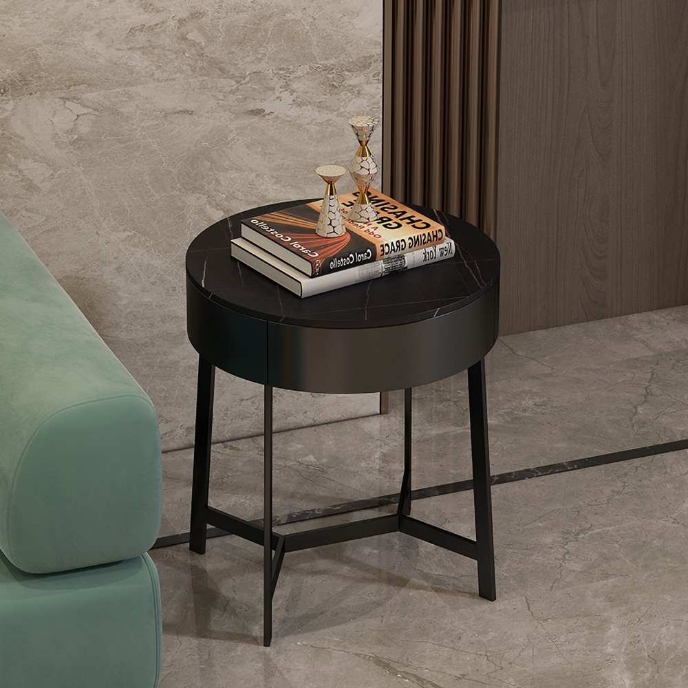 Black Round Side Table with Drawer Sintered Stone Top Accent Table Metal in Gold Finish window image