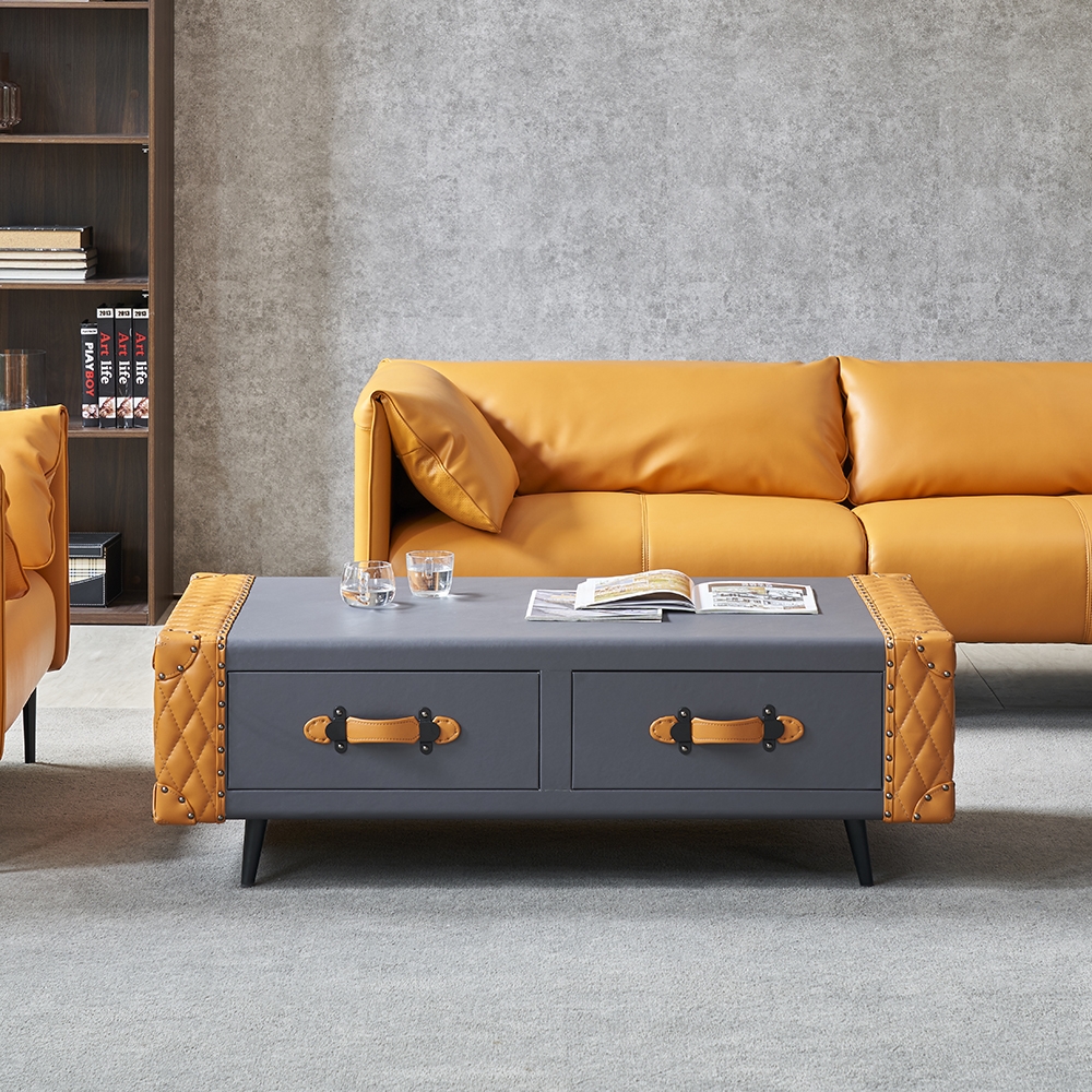 Modern Coffee Table with Drawers Rectangular Leather Accent Table window image