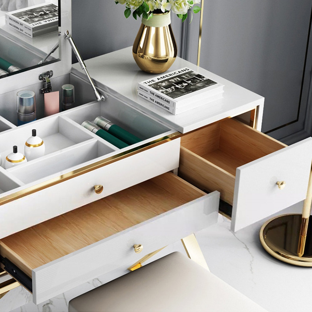 White Makeup Vanity Set Glossy Dressing Table with 2 Drawers in Gold Stool Included window image