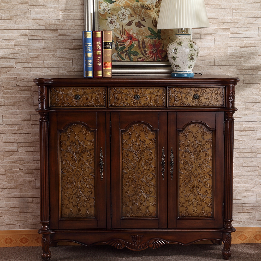 59.1" Vintage Walnut Shoe Cabinet Embossed Floral Surface with 6 Shelves and 4 Doors window image