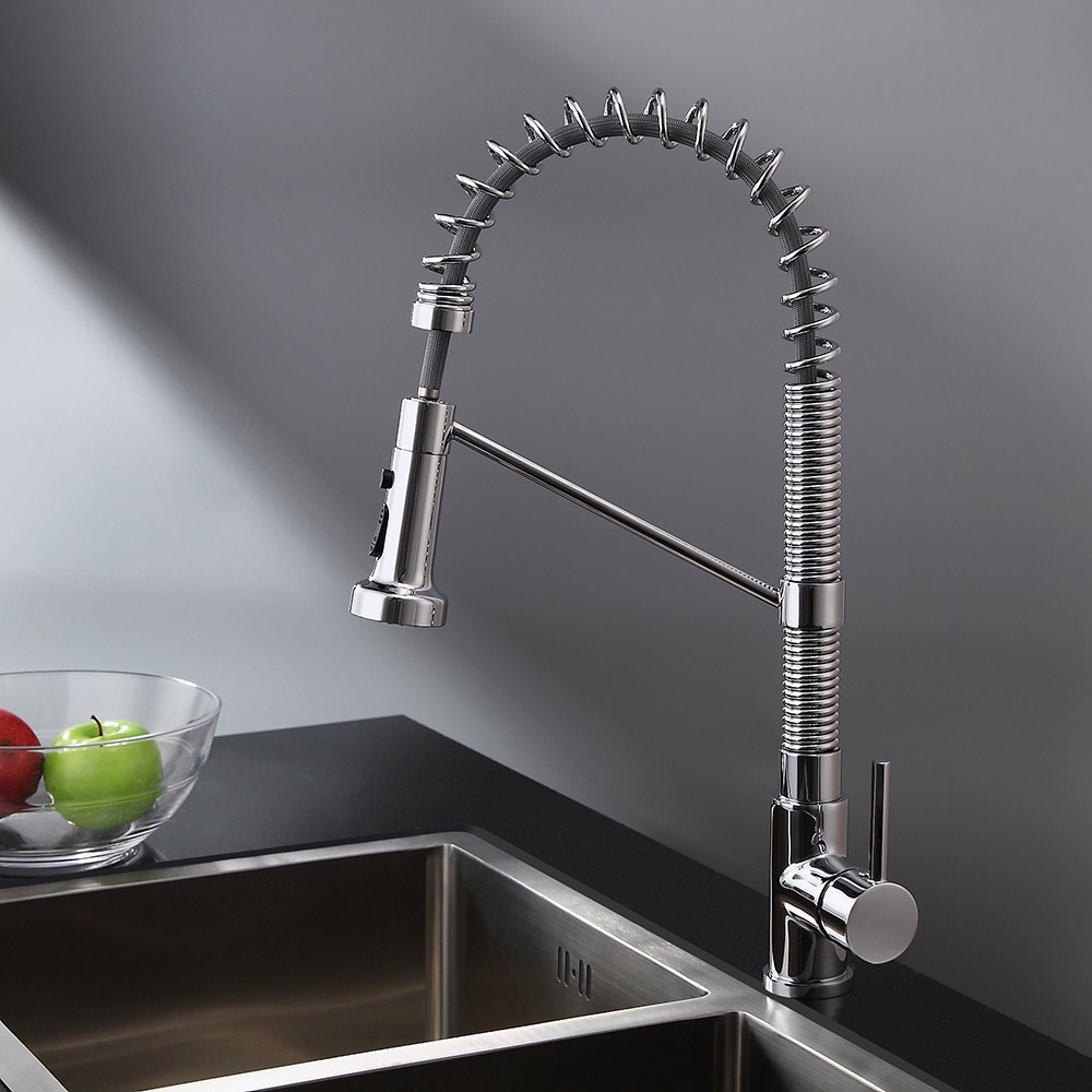 Contemporary Commercial Design Single Handle Dual Function Spring Pull-Out Kitchen Faucet in Chrome window image