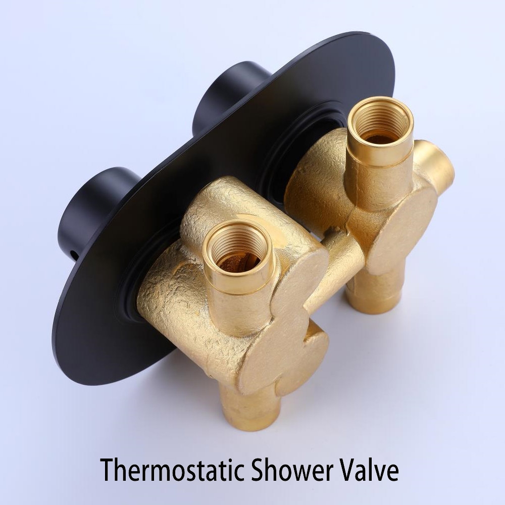 Modern Thermostatic 8 Inches Solid Brass Wall Mount Round Rainfall Shower and Slide Handheld Shower Set in Black Finish window image