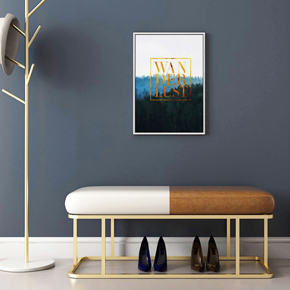 White & Brown Entryway Bench Upholstered PU Leather Modern Bench in Gold window image