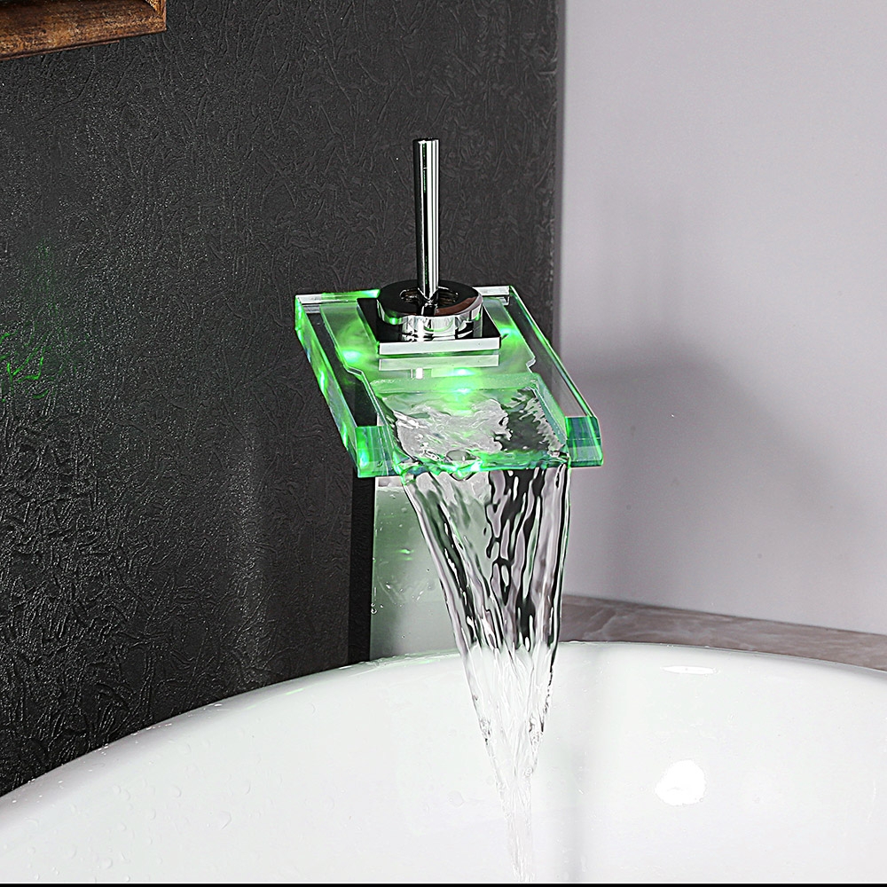 Fun LED Tall Glass Spout Single Lever Single Hole Waterfall Vessel Sink Faucet Chrome window image