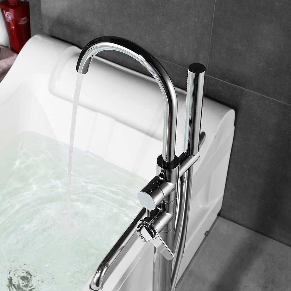 Modern Freestanding Thermostatic Bathtub Faucet High Arc Spout Floor Mount Bathtub Filler with Handshower Polished Chrome window image