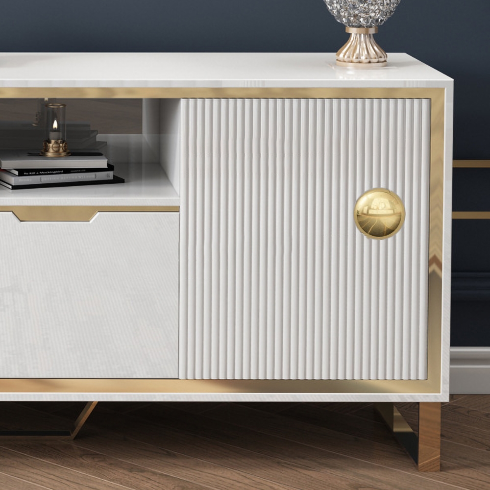 Minimalist White TV Stand Media Console with 2 Drawers & 2 Doors in Small window image