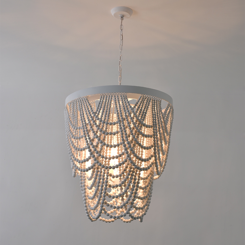 Rustic Farmhouse Wooden Bead Cascade 3-Light Chandelier in White|Homary