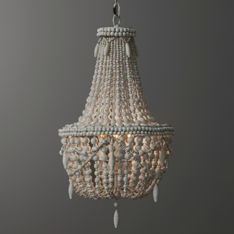 Classic Farmhouse Distressed Wood Beaded Basket 3-Light Chandelier in Antique White window image