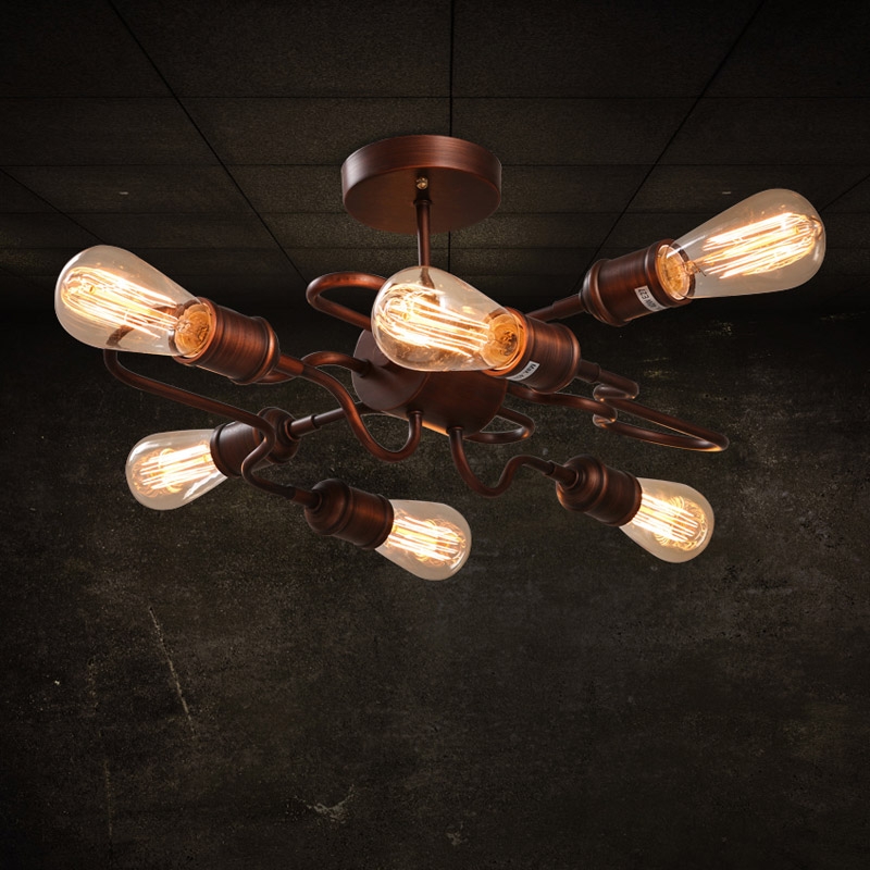 Retro Rust Metal Bent Tube Semi Flush Mount with Six Exposed Bulbs window image