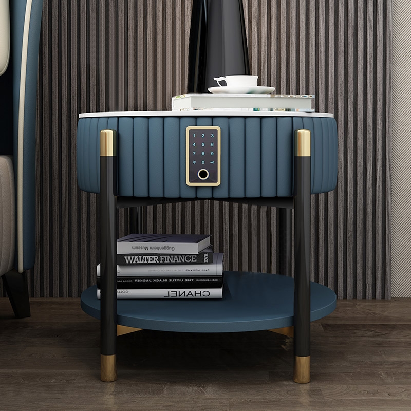 Table de chevet rembourrée bleue Tables de nuit à 1 tiroir avec serrure électronique image de fenêtre