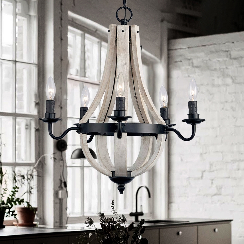 Rustic Reclaimed Wood & Black 5-Light Metal Chandelier with Candle Light window image