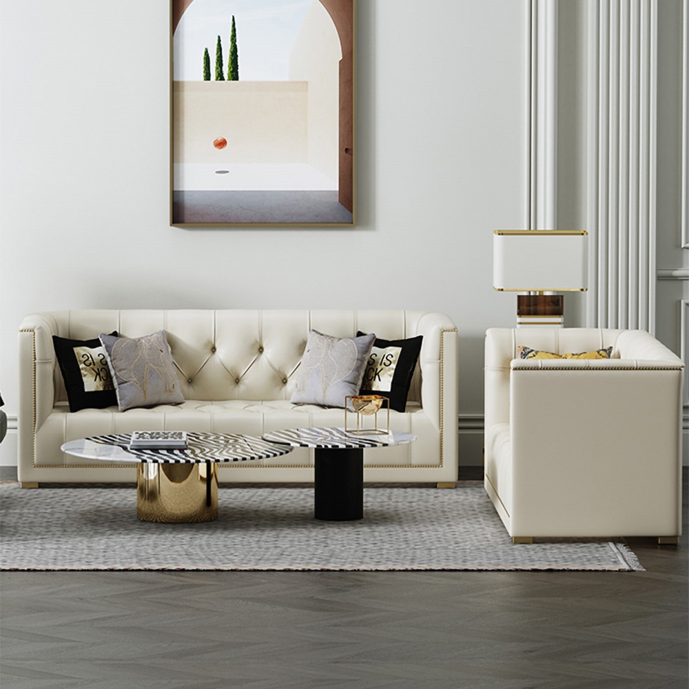 66" Beige Tufted Chesterfield Sofa Microfiber Leather Upholstered 2 Seater window image