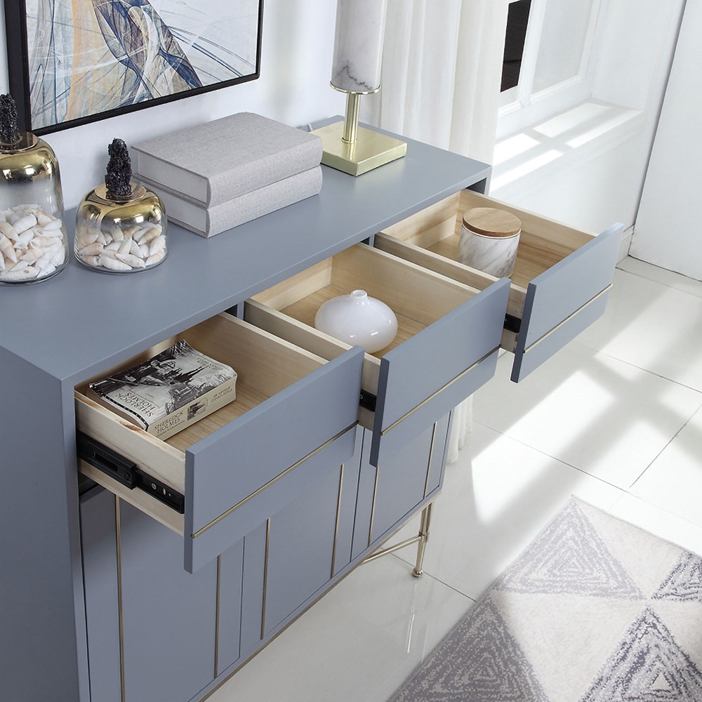 Modern Blue Cabinet Rectangular Sideboard Buffet with Doors & Shelves & Drawers in Gold window image