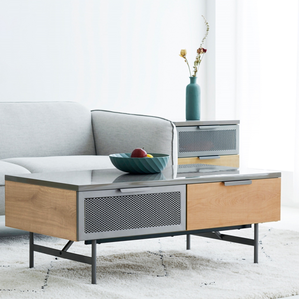 Modern Gray Coffee Table Rectangular Accent Table with 2-Drawer Metal Base window image