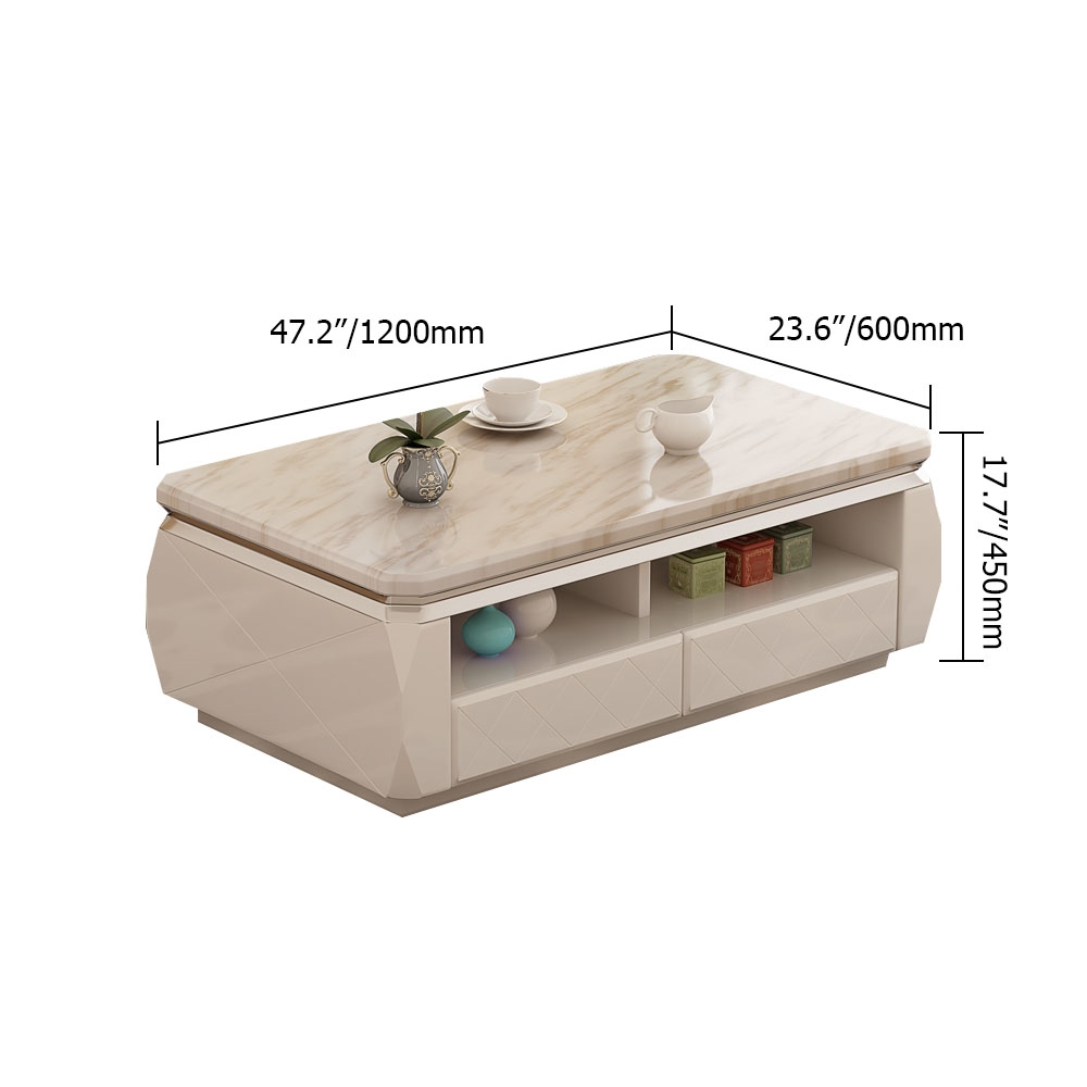Marble Coffee Table with Storage & Drawers Solid Wood Frame window image