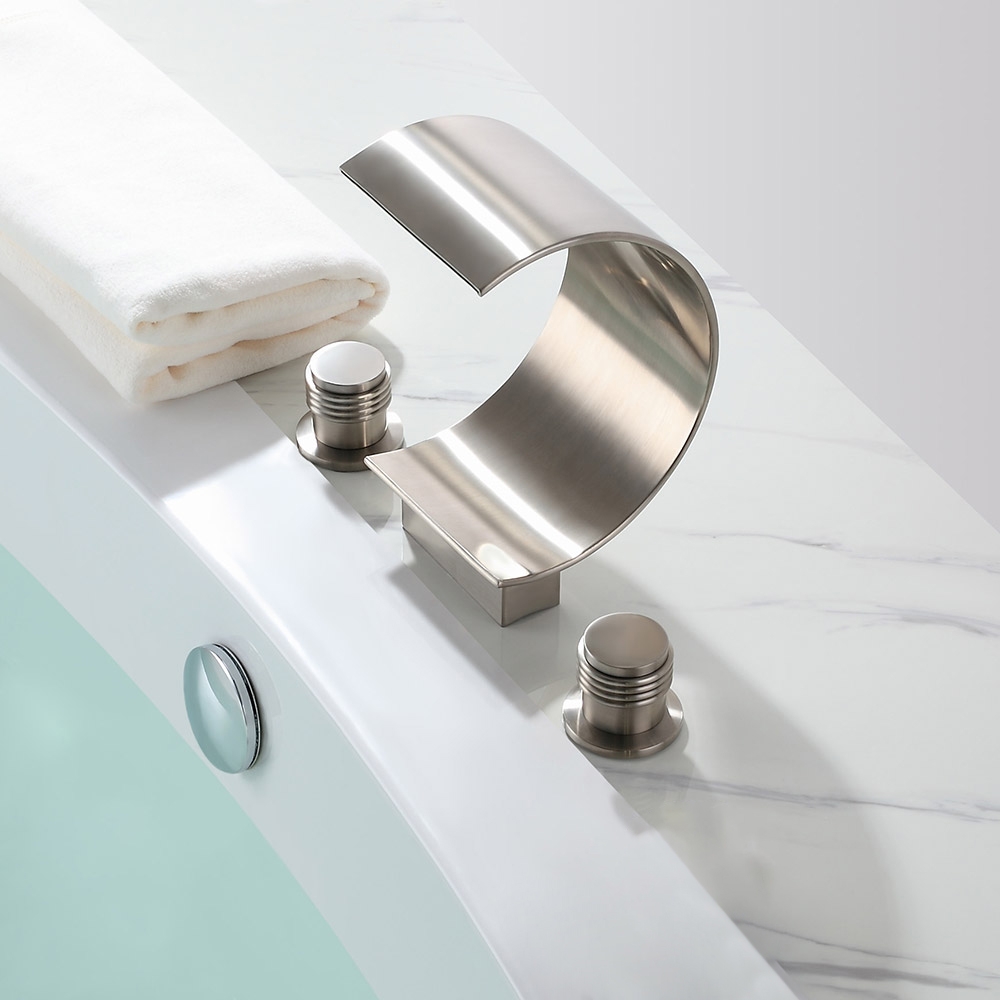 Mooni Contemporary 3-Hole Waterfall Spout Roman Bathtub Filler Tub Faucet in Brushed Nickel Solid Brass window image
