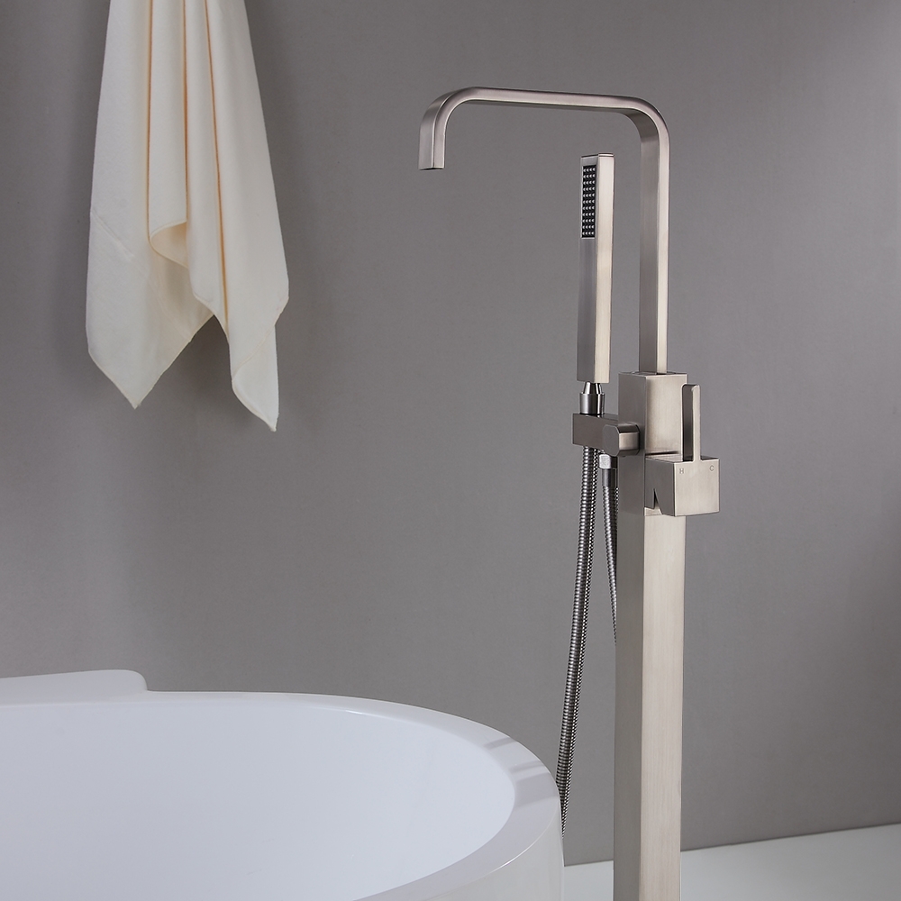 Dree Brushed Nickel Floor Mount Modern Tub Filler Faucet & Hand Shower Single Handle Solid Brass window image