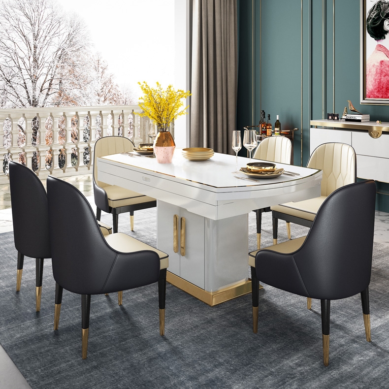 Round White Extendable Dining Table with Storage Base Wood And Stainless Steel Table Space Saving window image