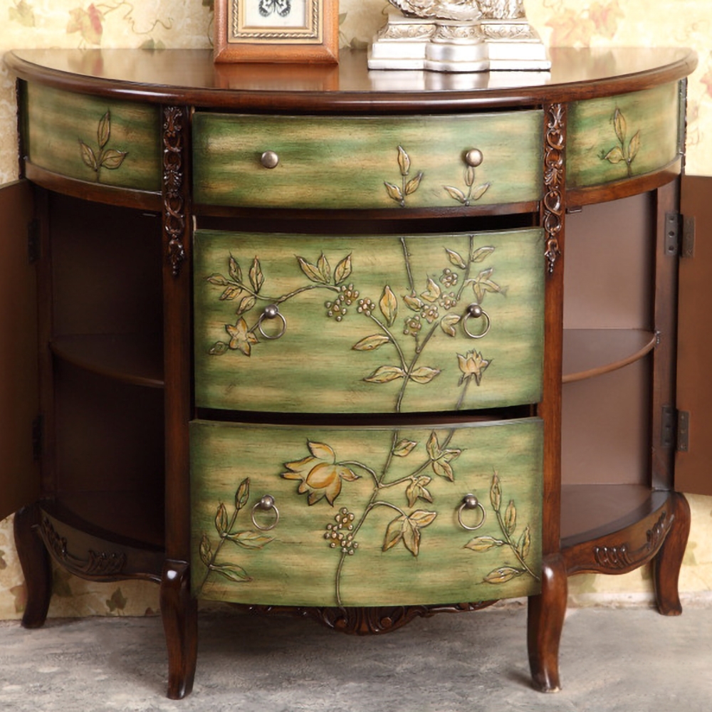 1067mm Distressed Semicircle Cabinet Embossed Surface with Drawers & Doors & Shelves window image