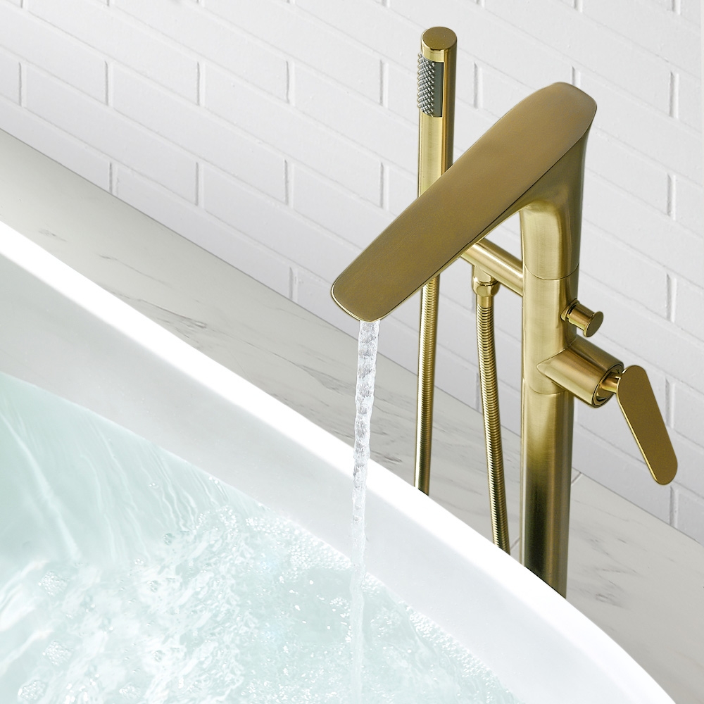 Modern Freestanding Tub Faucet Floor Mounted Tub Filler Swivel Spout with Handshower Brushed Gold Solid Brass window image