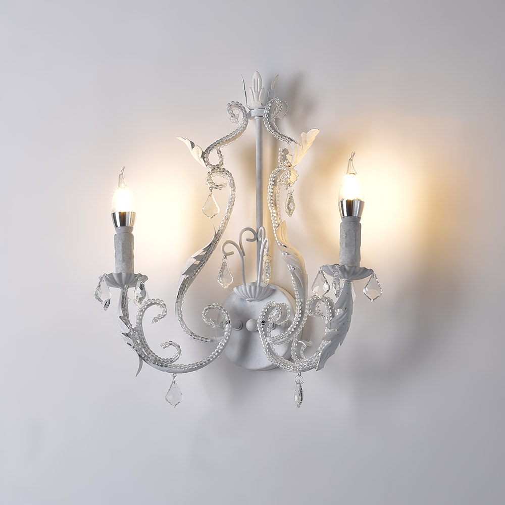 French Country Clear Crystal Beads 2-Light Indoor Wall Sconce in Antique White window image