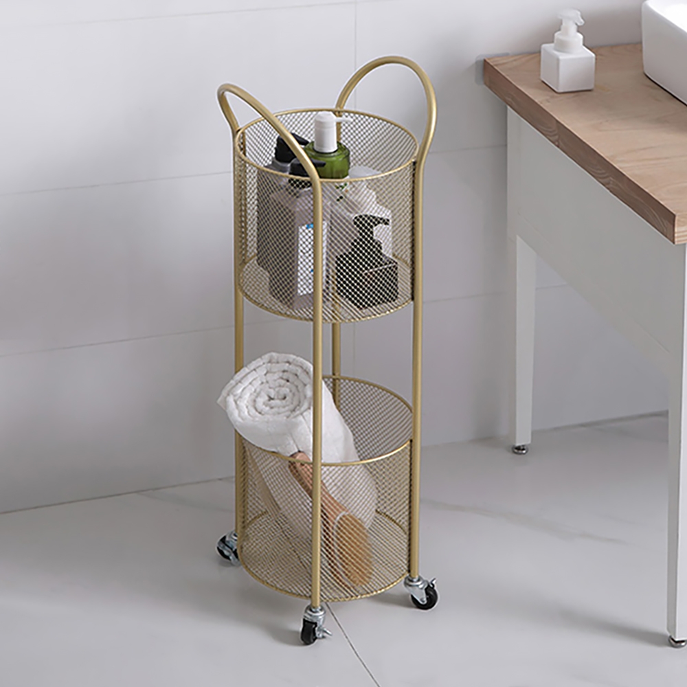 Gold Modern Metal Shelving for Bathroom Storage with 2-Tier Shelf and 4 Wheel window image