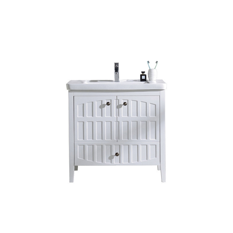 Modern White Bathroom Vanity Cabinet with Single Drop-In Sink Ceramic Top window image