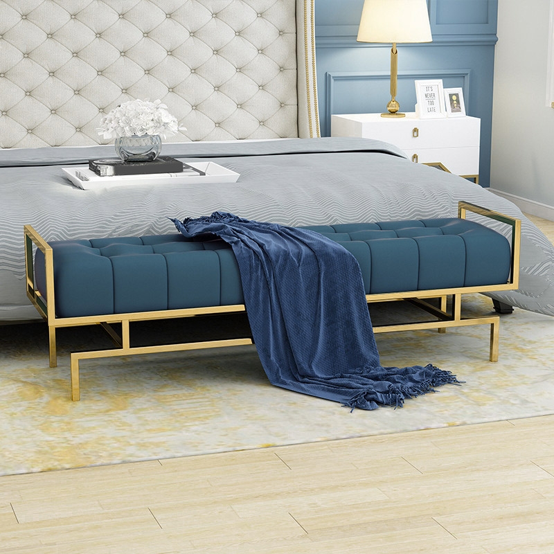 Nordic Blue Upholstered Button-Tufted Bench Faux Leather Foam Filled with Gold Metal Base window image