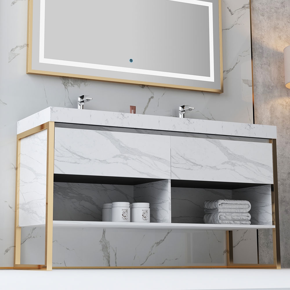 Modern White Double Sink Freestanding Bathroom Vanity Marble with Drawers window image