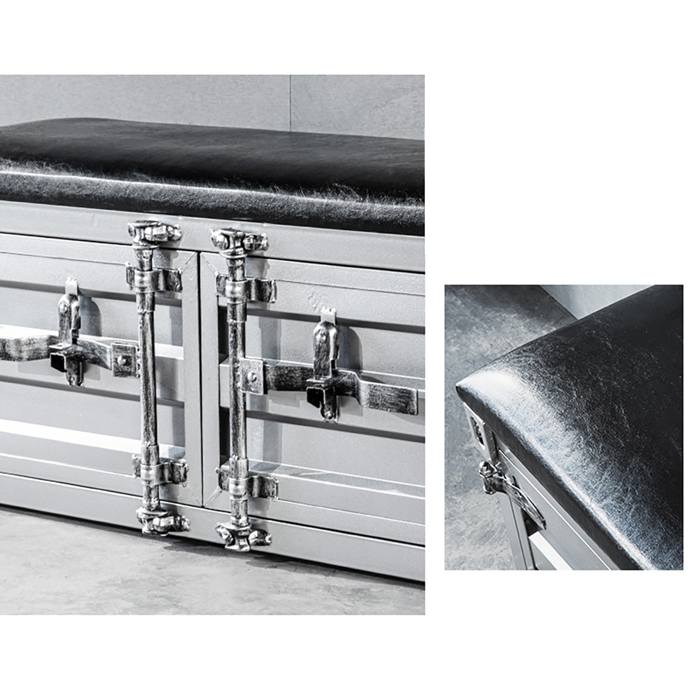 Industrial Cargo Container Style Shoe Storage Upholstered Bench in Silver window image