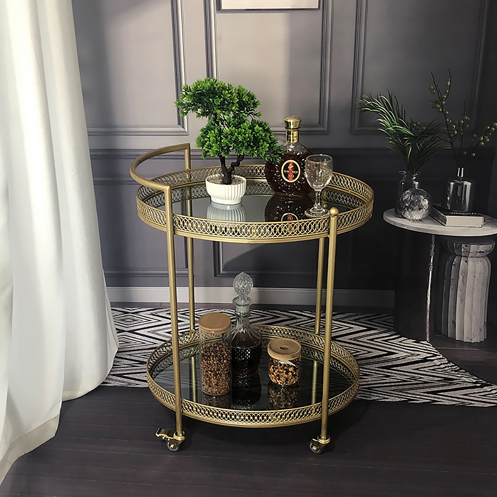 Gouden 23,6 „2-laags ovale rollende serveerbarwagen met handvat gespiegelde planken van gehard glas Vensterafbeelding