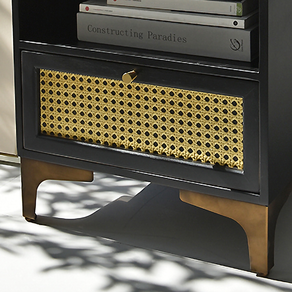 Table de chevet noire de style américain avec surface en rotin avec 1 tiroir Doré image de fenêtre