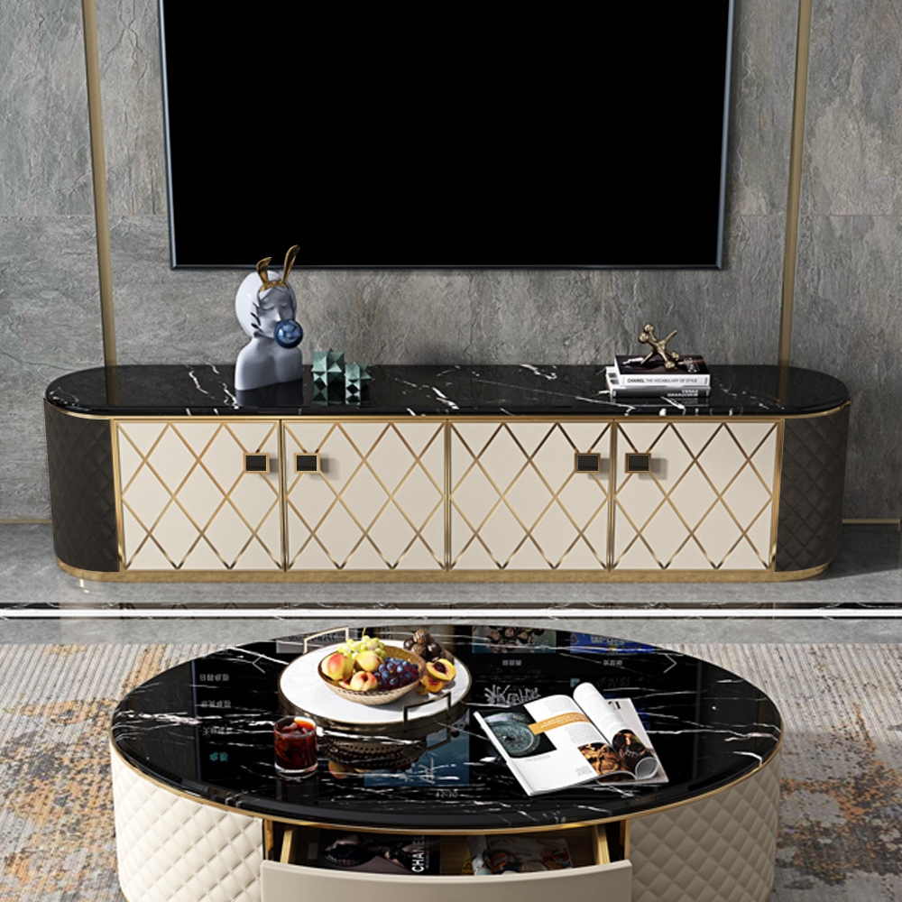 Contemporary Oval Coffee&White TV Stand Faux Marble Top Media Console with Doors for TVs up to 85" window image