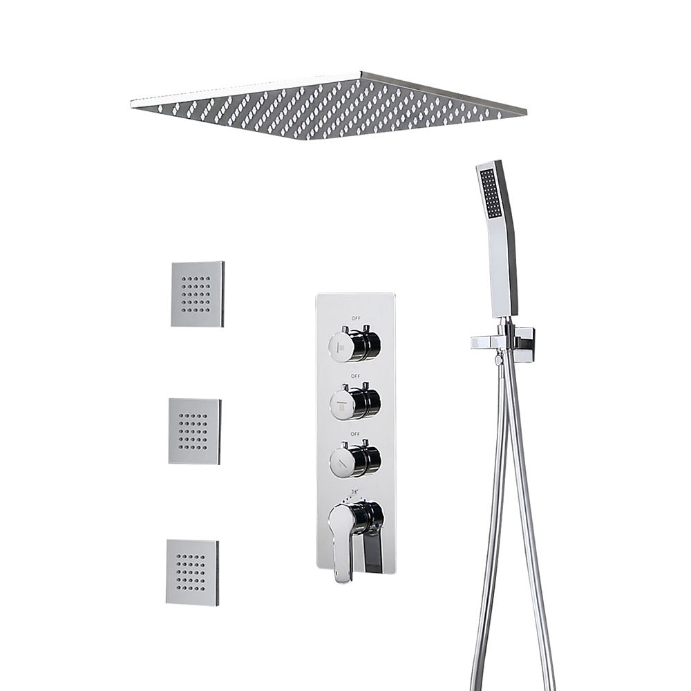 Modern Style 20" Polished Chrome Square Rain Shower System with Handheld Shower & 3 Body Sprays Solid Brass window image