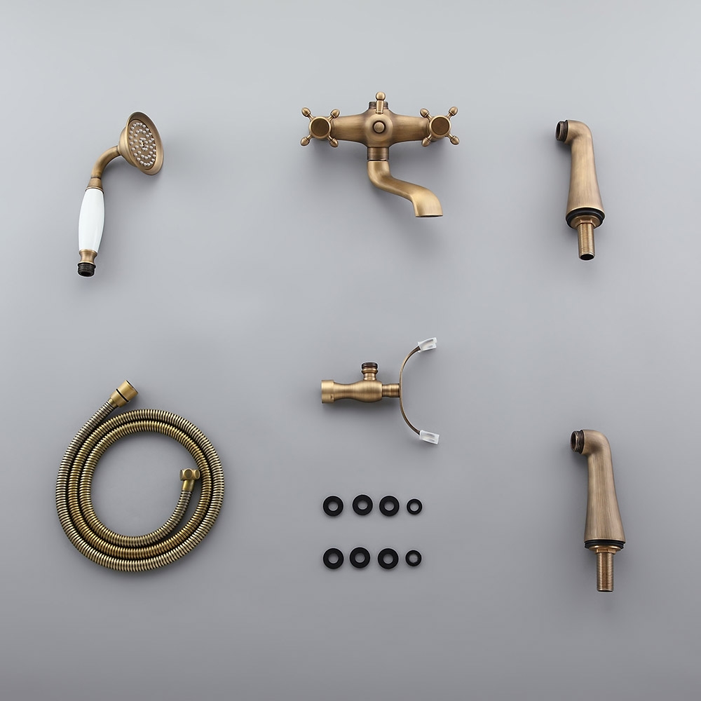 Montag Vintage Deck Mounted 2-Handle Antique Brass Tub Faucet with Hand Shower Solid Brass window image