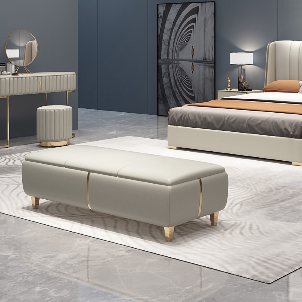 Modern Entryway Bench Beige Faux Leather Upholstered Ottoman Bench for End of Bed window image