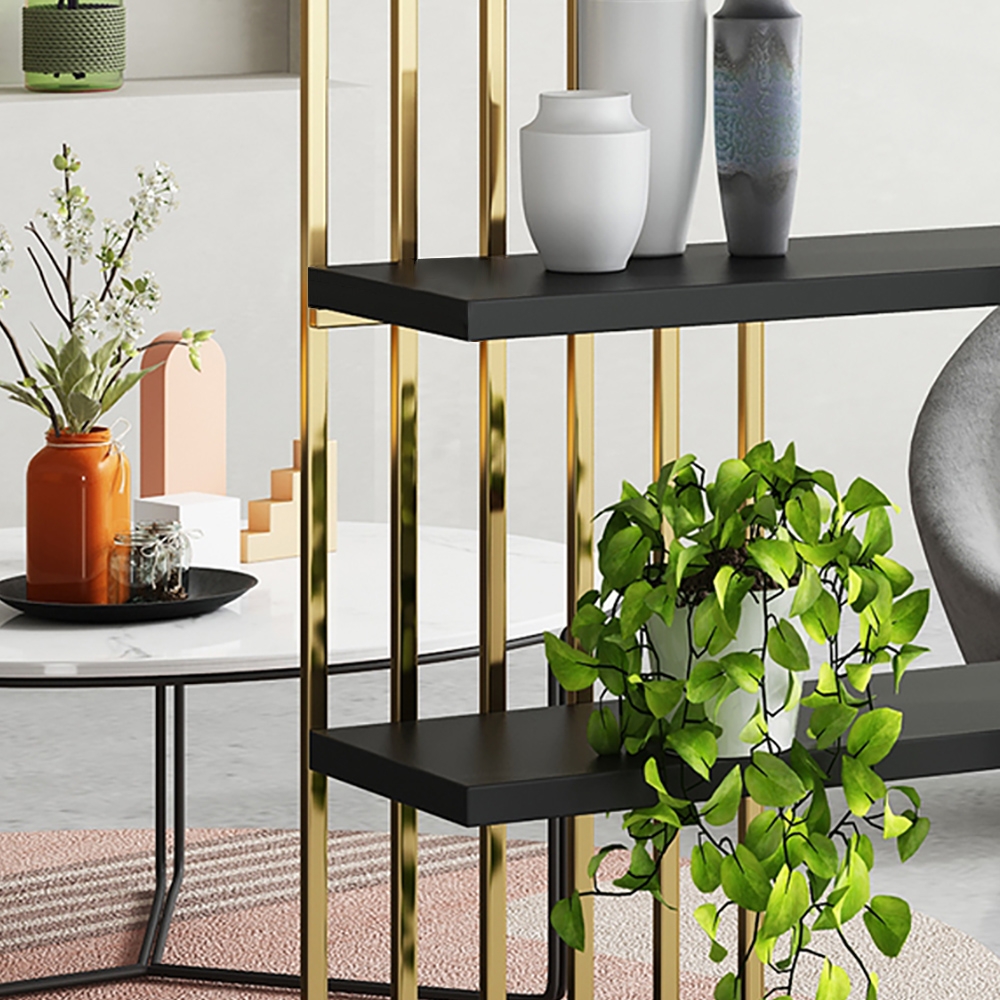 Modern Display 6-Tiered Etagere Bookshelf in Gold & Black window image