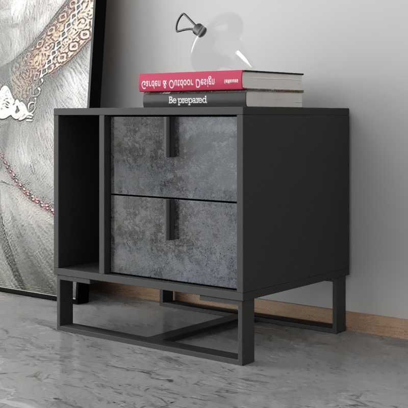 Modern Gray Night Stand 2-Drawer Nightstand Bedside Cabinet with Open Storage Metal Base window image