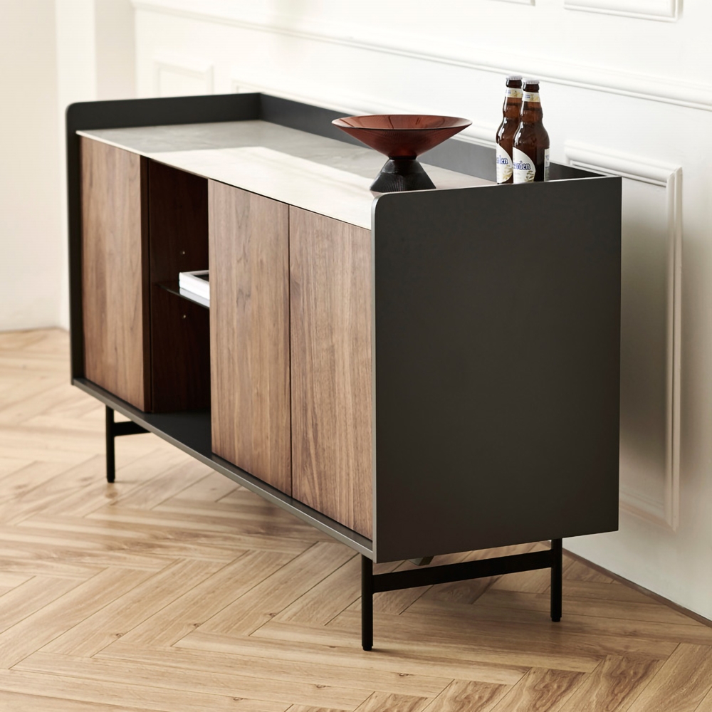59" Walnut Sideboard Buffet Ceramics Top with Doors & Adjustable Shelves in Carbon Steel Legs window image