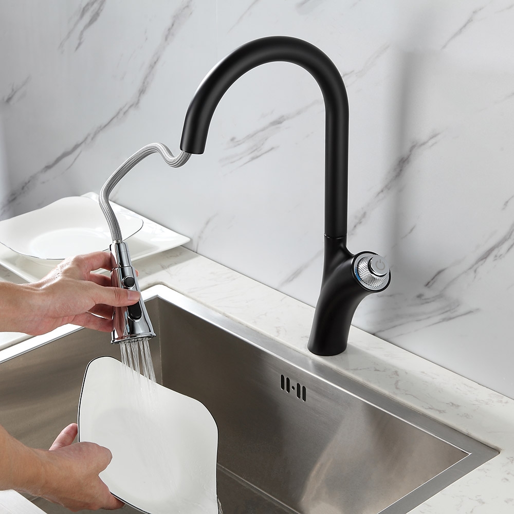 Grifo de cocina extraíble de arco alto negro y cromado con doble función pulverizador de latón macizo Imagen de ventana