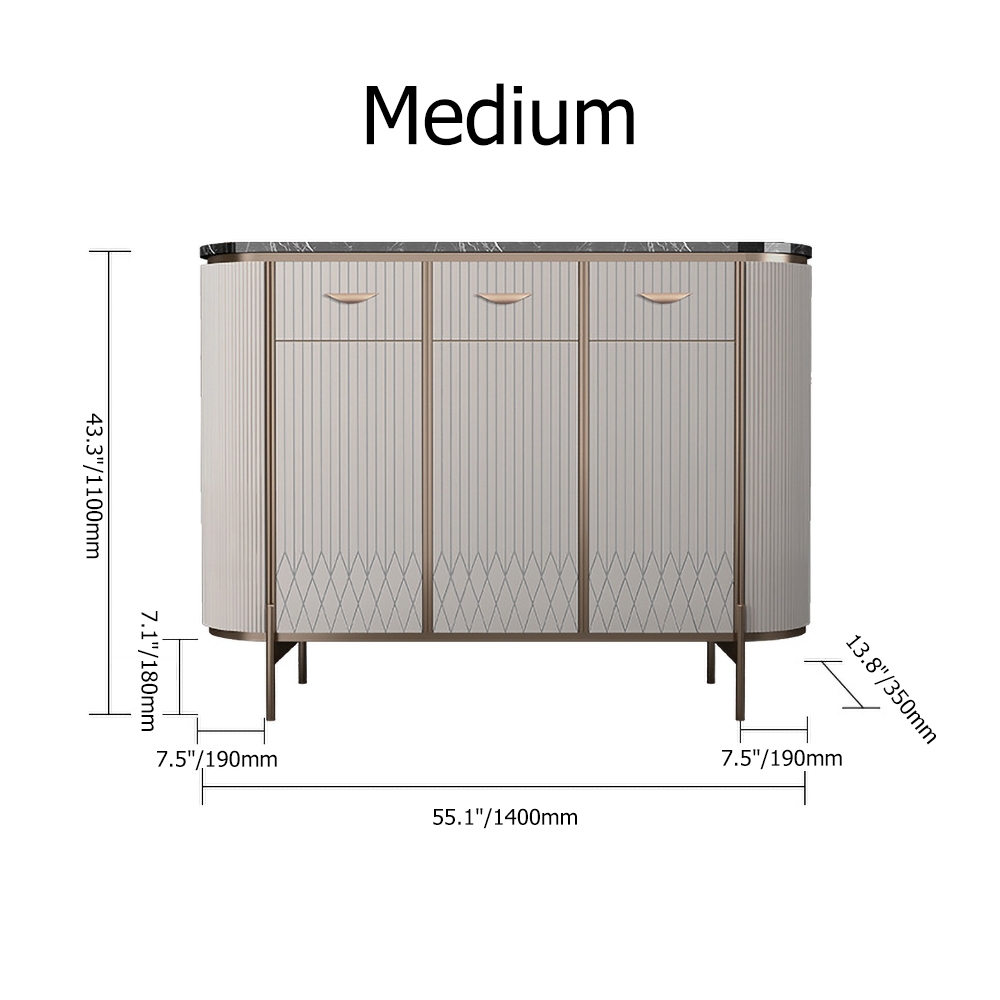 Buffet moderne de 1400 mm avec portes supérieures en faux marbre noir, tiroirs et étagères de taille moyenne image de fenêtre