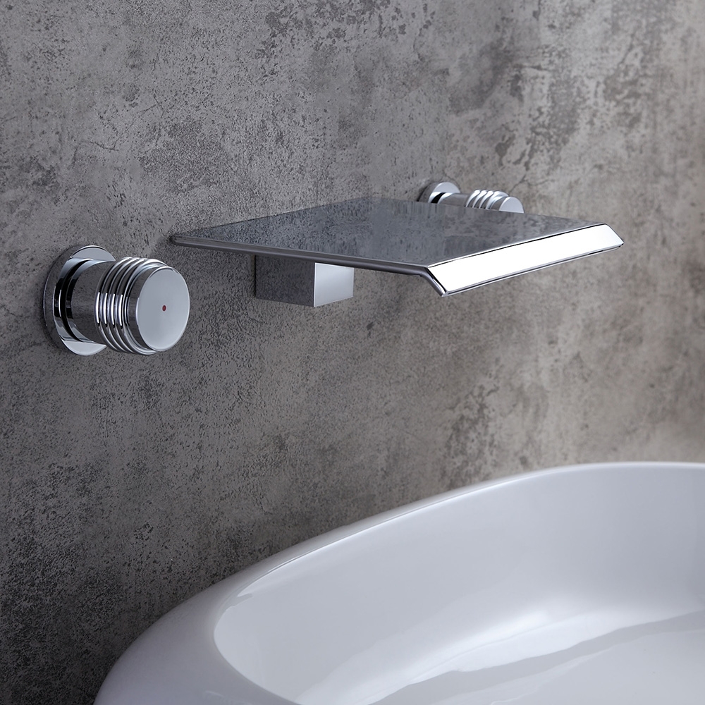 Moda Robinet Moderne Mural Cascade Mitigeur de Lavabo de Salle de Bain Poignées Double en Laiton Massif Chromé image de fenêtre