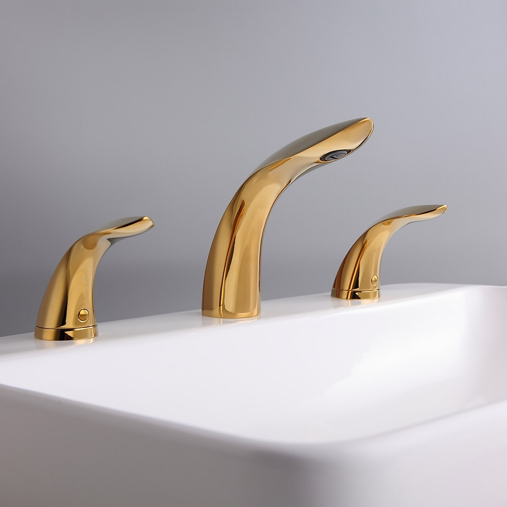 Zime Modern Aerated Spout Widespread Sink Faucet Double Handles in Gold Solid Brass window image