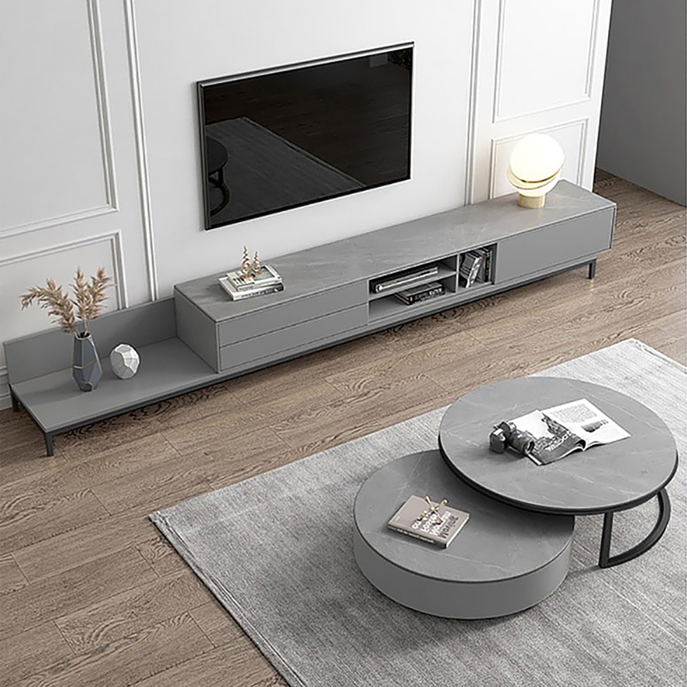 Minimalist Gray TV Stand Sintered Stone Extendable Media Console with Drawers & Shelf window image