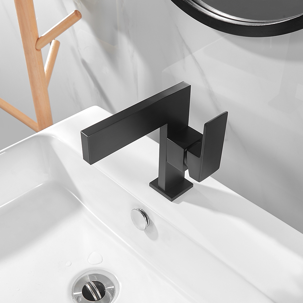 Ultra-Thin Matte Black Single Handle Waterfall Bathroom Sink Faucet Solid Brass 1-Hole window image