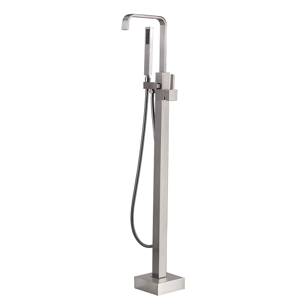 Dree Brushed Nickel Floor Mount Modern Tub Filler Faucet & Hand Shower Single Handle Solid Brass window image