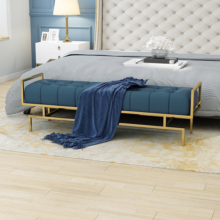 Nordic Blue Upholstered Button-Tufted Bench Faux Leather Foam Filled with Gold Metal Base window image