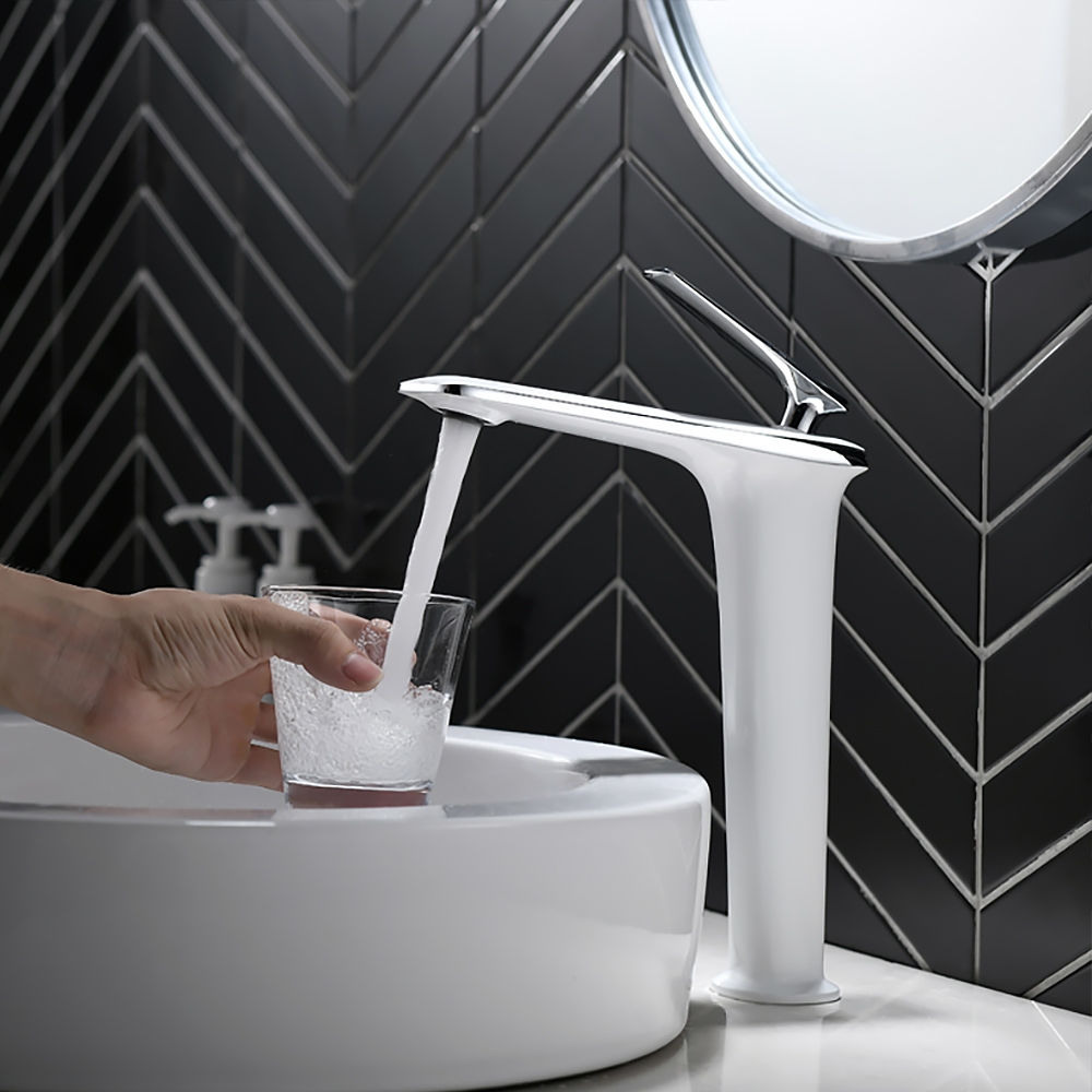 Modern White and Chrome Single Hole Single Handle Brass Vessel Bathroom Sink Faucet window image